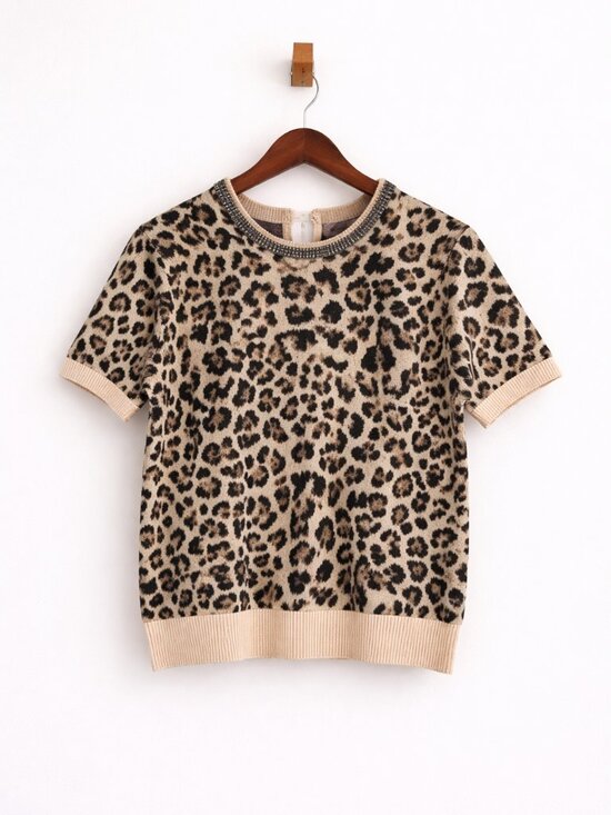 Philosophy Republic Clothing Sweaters - Philosophy‎ Leopard Sweater | Beaded Neck Short Sleeve S/P